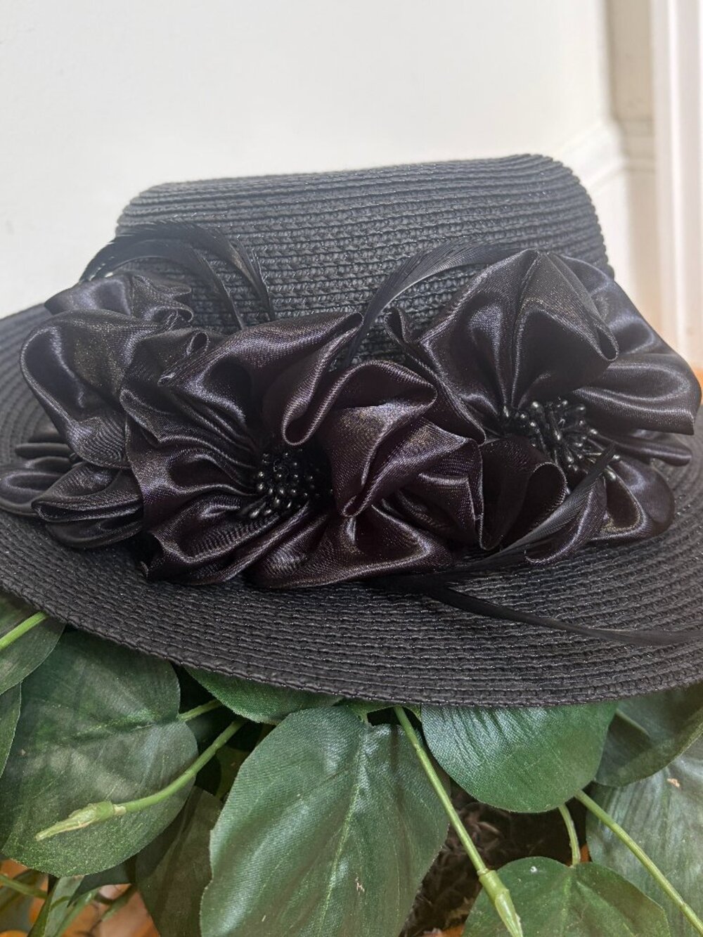 Swan Hat New York Paper Hat Black with Satin Flowers
